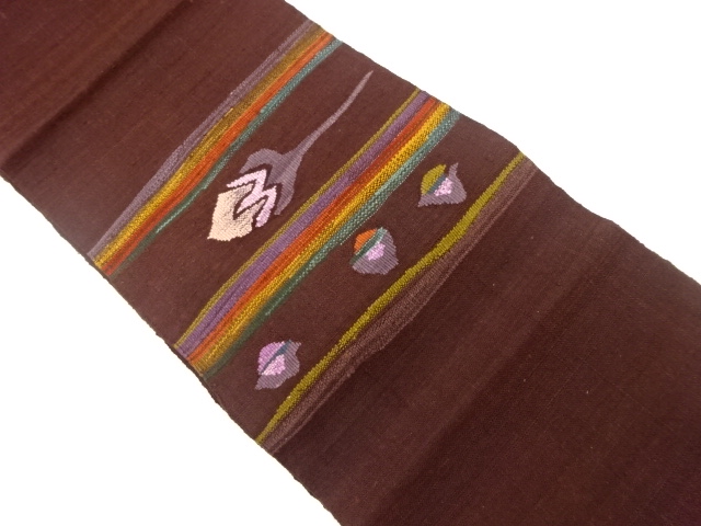 JAPANESE NAGOYA OBI / TSUMUGI / WOVEN STRIPE & FLORAL PLANTS